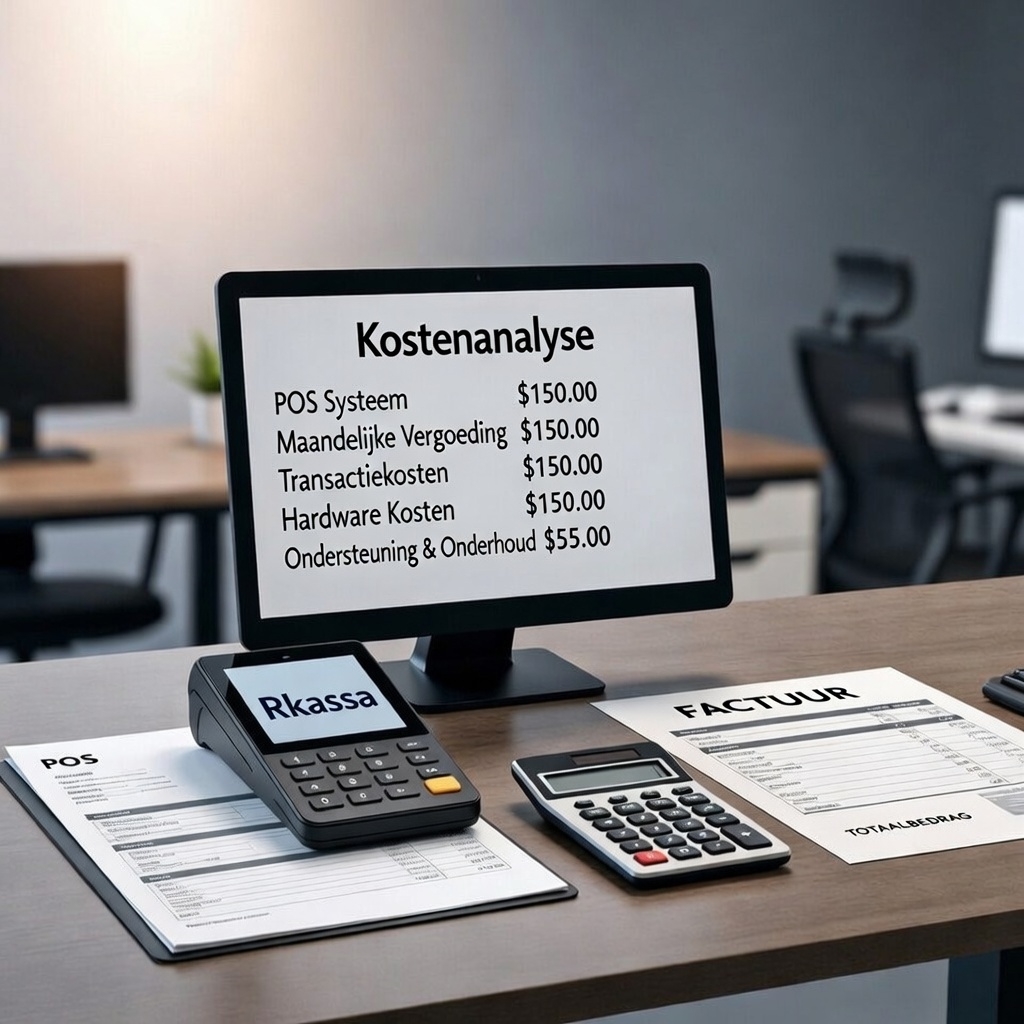 Overzicht van kostenstructuur van kassasysteem met software, hardware en webshopkoppeling weergegeven op scherm
